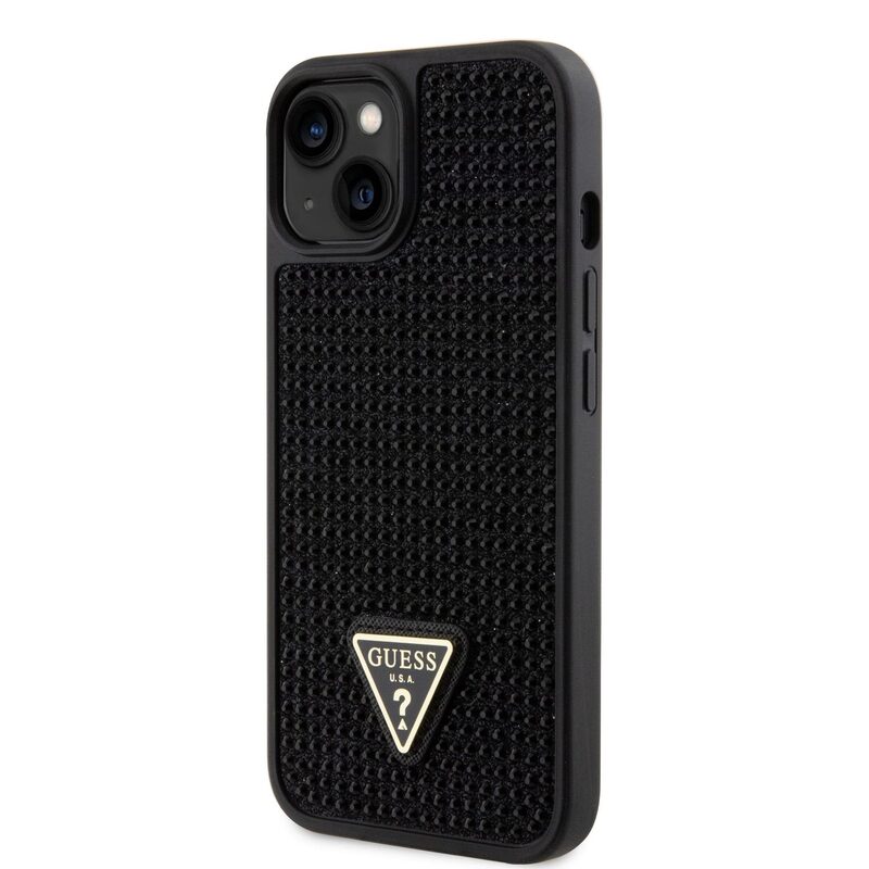 Pouzdro Guess Rhinestones Triangle Metal Logo kryt pro Apple iPhone 14 Black