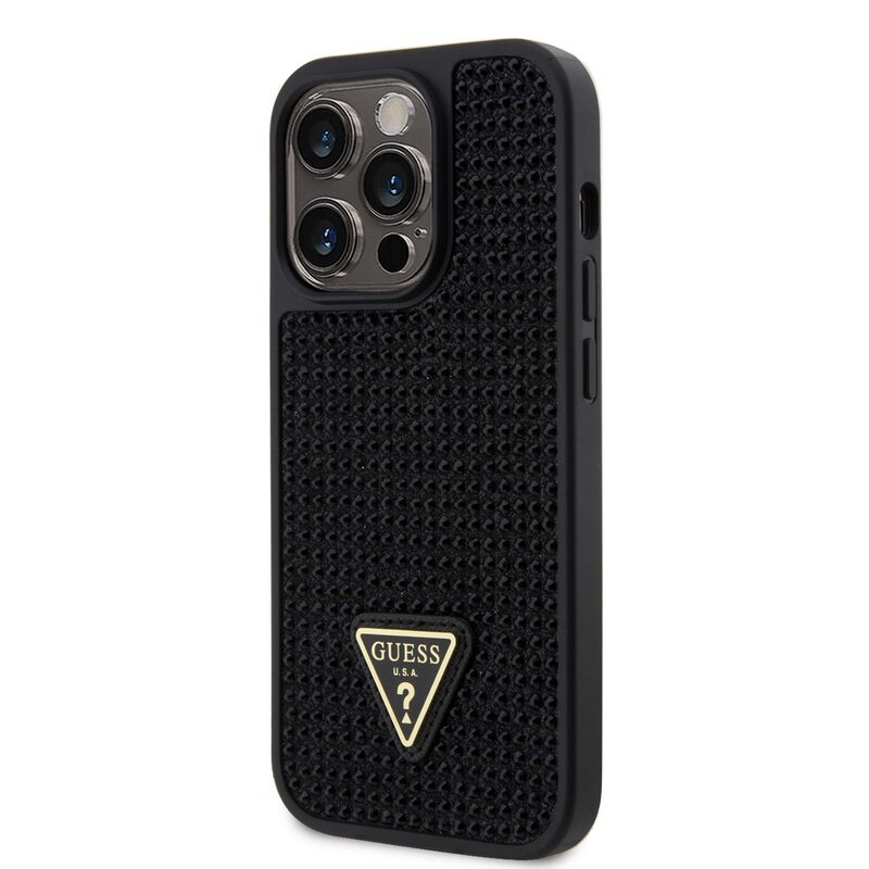 Pouzdro Guess Rhinestones Triangle Metal Logo kryt pro Apple iPhone 14 PRO Black