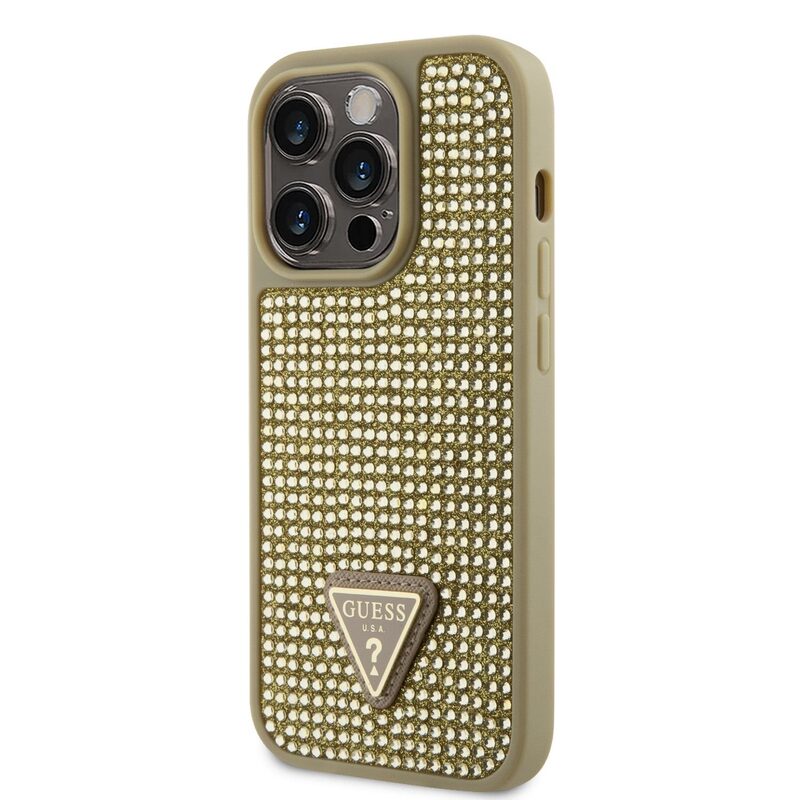 Pouzdro Guess Rhinestones Triangle Metal Logo kryt pro Apple iPhone 14 PRO Gold