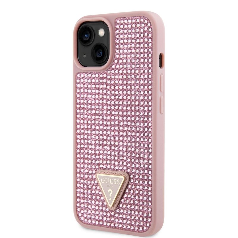 Pouzdro Guess Rhinestones Triangle Metal Logo kryt pro Apple iPhone 14 Pink