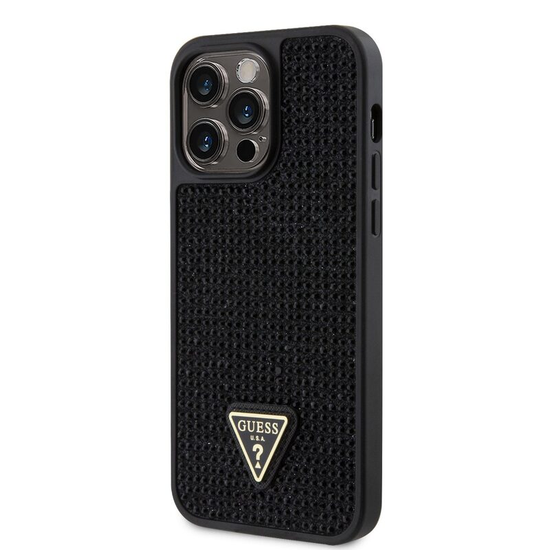 Pouzdro Guess Rhinestones Triangle Metal Logo kryt pro Apple iPhone 14 PRO MAX Black