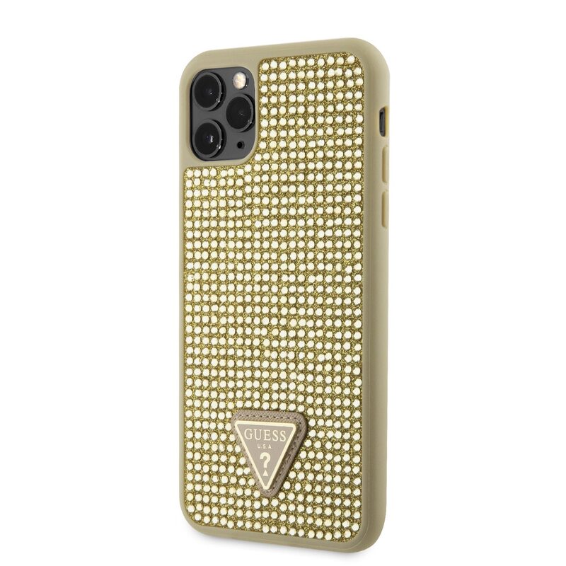 Pouzdro Guess Rhinestones Triangle Metal Logo kryt pro AppleiPhone 11 PRO MAX Gold