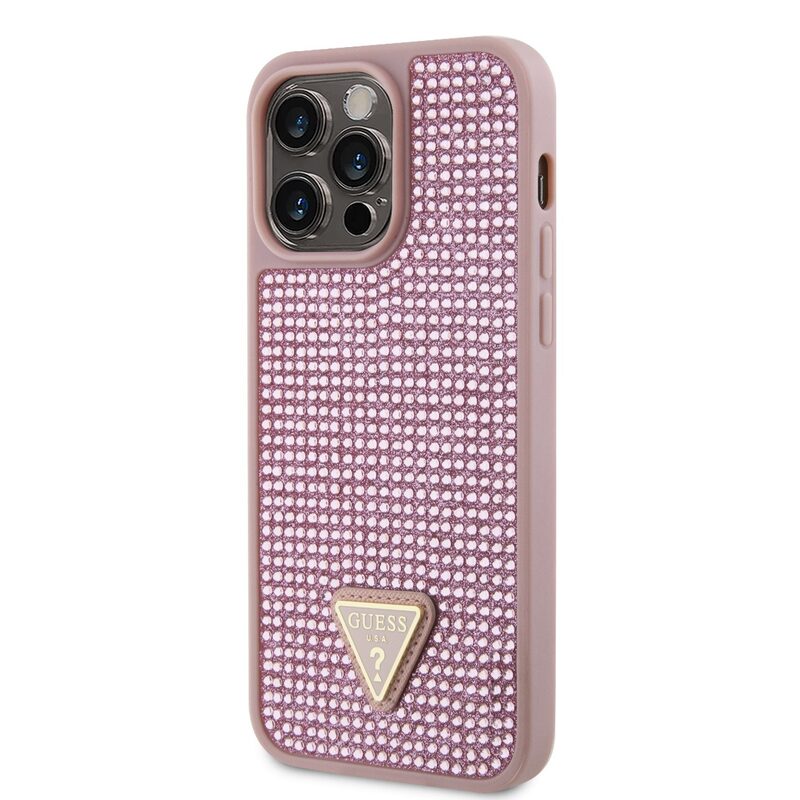 Pouzdro Guess Rhinestones Triangle Metal Logo kryt pro Apple iPhone 14 PRO MAX Pink