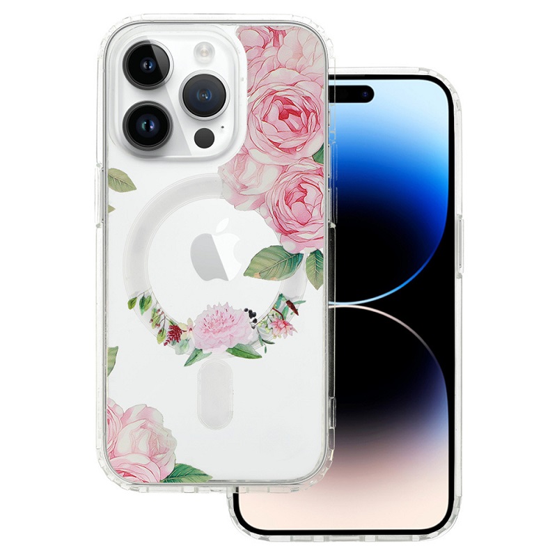 Pouzdro silikon Apple iPhone 15 PRO Magsafe Flower vzor 1 růže růžové