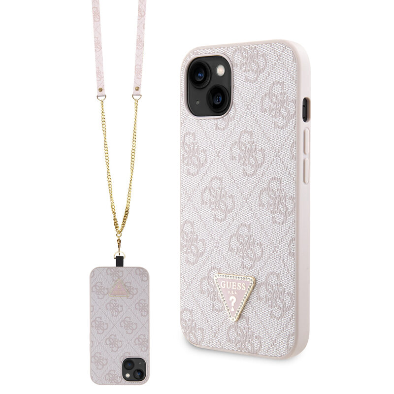 Pouzdro Guess PU 4G Strass Triangle Metal Logo + Crossbody popruh pro Apple iPhone 15 Pink