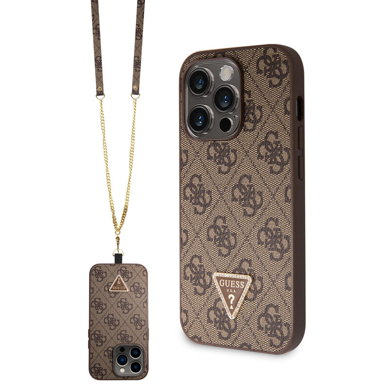 Pouzdro Guess PU 4G Strass Triangle Metal Logo + Crossbody popruh pro Apple iPhone 15 PRO MAX Brown