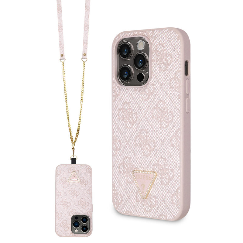 Pouzdro Guess PU 4G Strass Triangle Metal Logo + Crossbody popruh pro Apple iPhone 15 PRO Pink