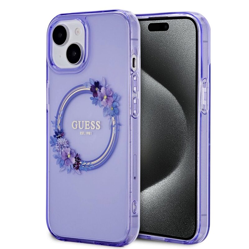 Pouzdro Guess PC/TPU Flowers Ring Glossy Logo MagSafe Apple iPhone 15 Purple