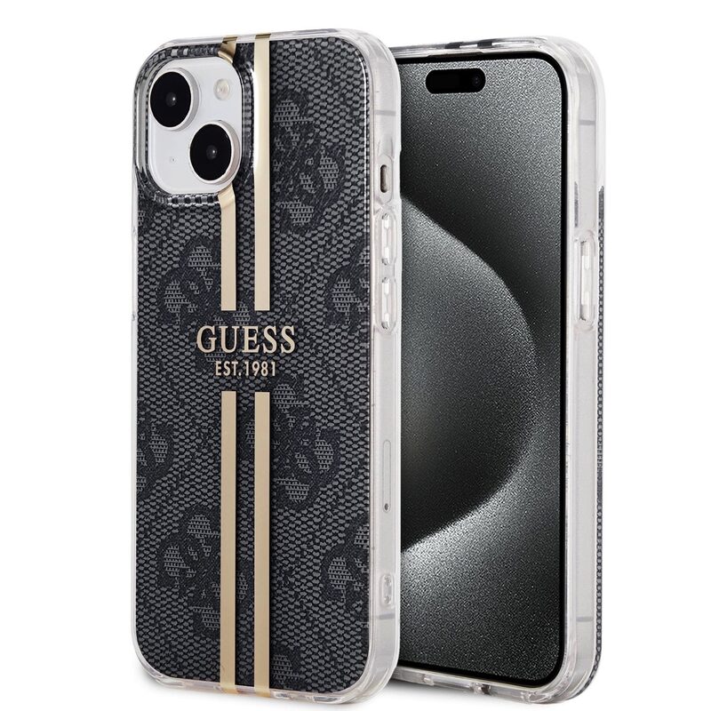 Pouzdro Guess IML 4G Gold Stripe zadní kryt Apple iPhone 15 Black