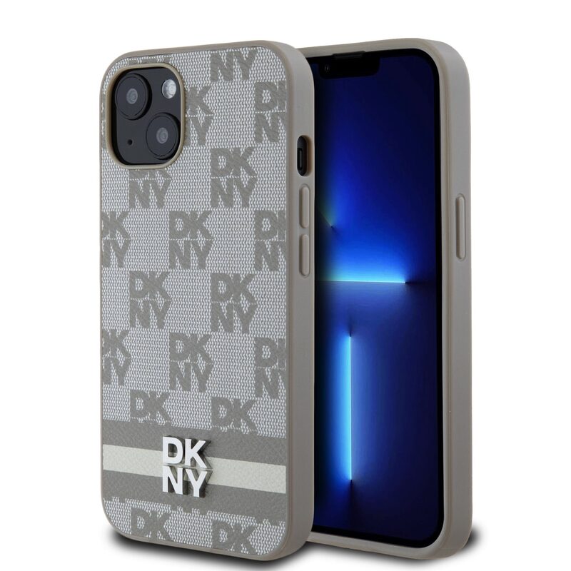 Levně Pouzdro DKNY PU Leather Checkered Pattern and Stripe zadni kryt Apple iPhone 13 Beige