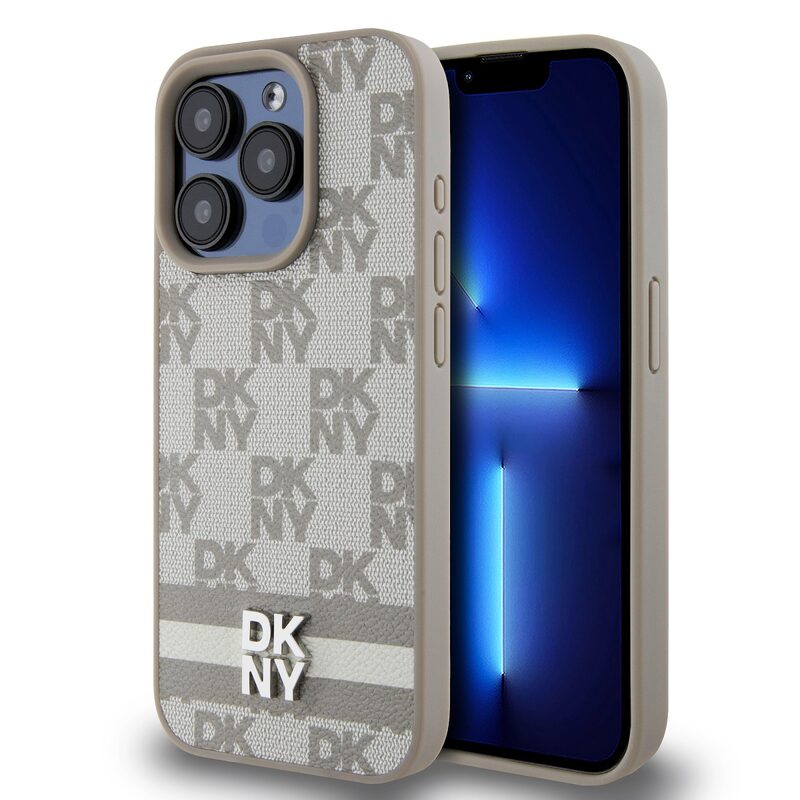 Pouzdro DKNY PU Leather Checkered Pattern and Stripe zadní kryt Apple iPhone 13 PRO Beige