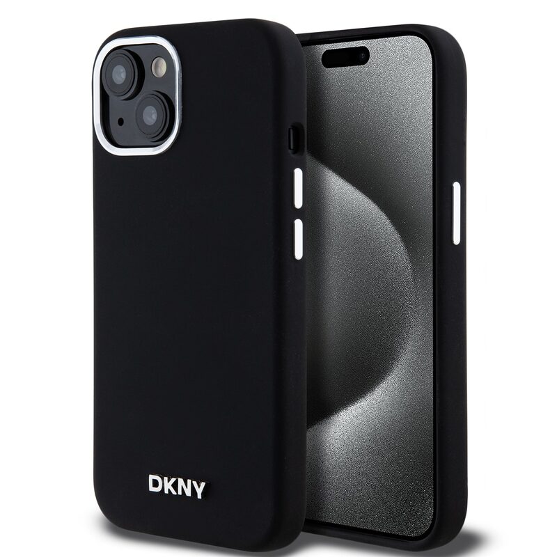Levně Pouzdro DKNY Liquid Silicone Silver Metal Logo Magsafe zadní kryt Apple iPhone 15 Black