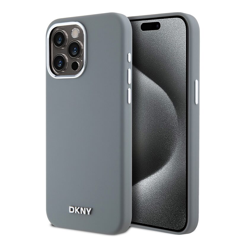 Levně Pouzdro DKNY Liquid Silicone Silver Metal Logo Magsafe zadní kryt Apple iPhone 15 PRO MAX Grey