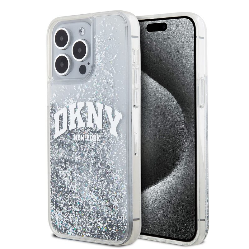 Pouzdro DKNY Liquid Glitter Arch Logo zadní kryt Apple iPhone 15 PRO MAX Transparent