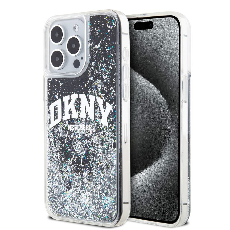 Pouzdro DKNY Liquid Glitter Arch Logo zadní kryt Apple iPhone 15 PRO MAX Black