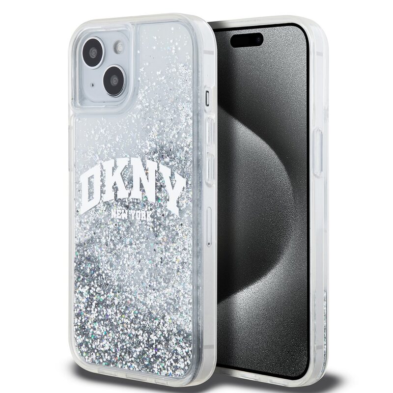 Levně Pouzdro DKNY Liquid Glitter Arch Logo zadní kryt Apple iPhone 15 Transparent