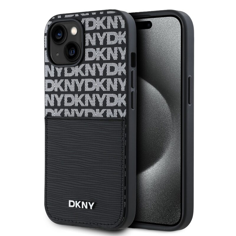 PU Leather Repeat Pattern Card Pocket Zadní Kryt pro iPhone 15 Black DKNY