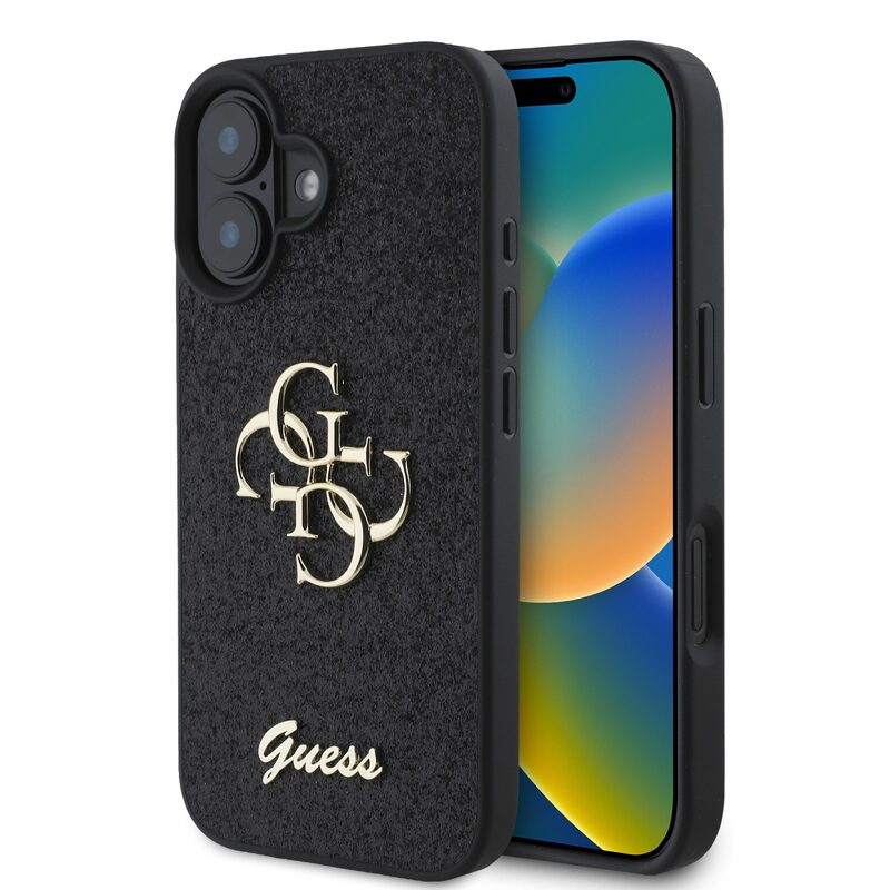 Pouzdro Guess PU Fixed Glitter 4G Metal Logo zadní kryt Apple iPhone 16 Black