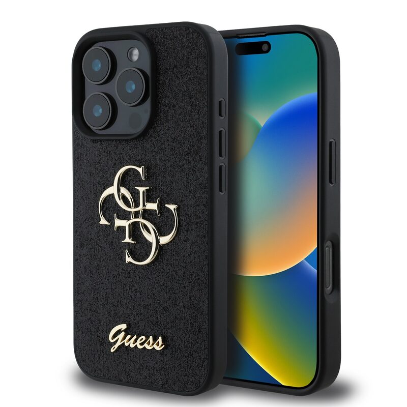 Guess PU Fixed Glitter 4G Metal Logo Zadní pro iPhone 16 Pro Max Black